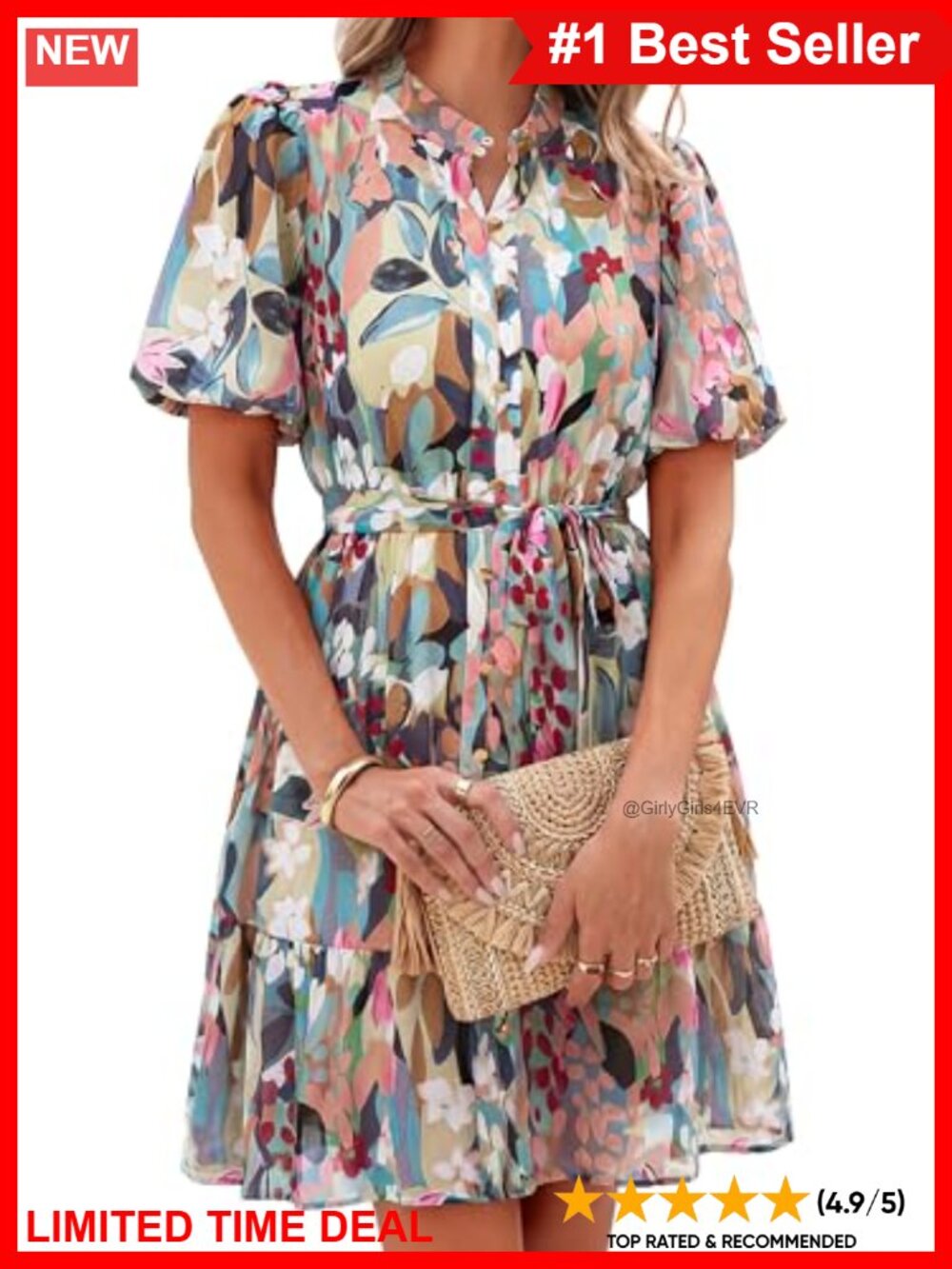Floral Mini Dress V Neck Button Down A-Line Ruffle Summer Casual